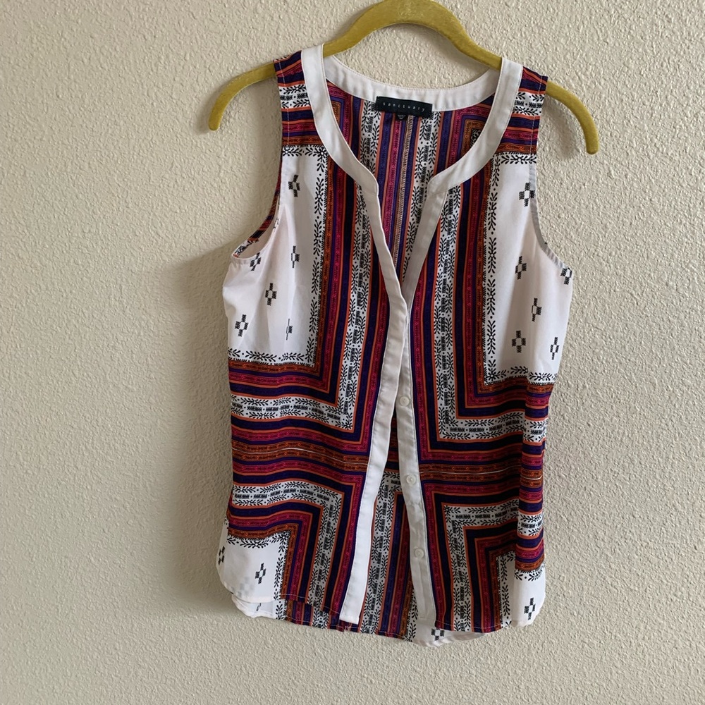 Anthropologie White Tank Top with Multicolor Stripe & Geometric Print